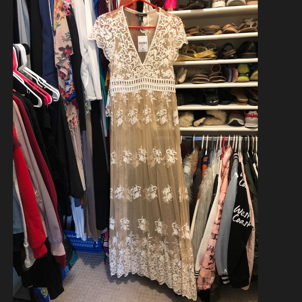 Sheer floral embroidered lace maxi dress nude NWT